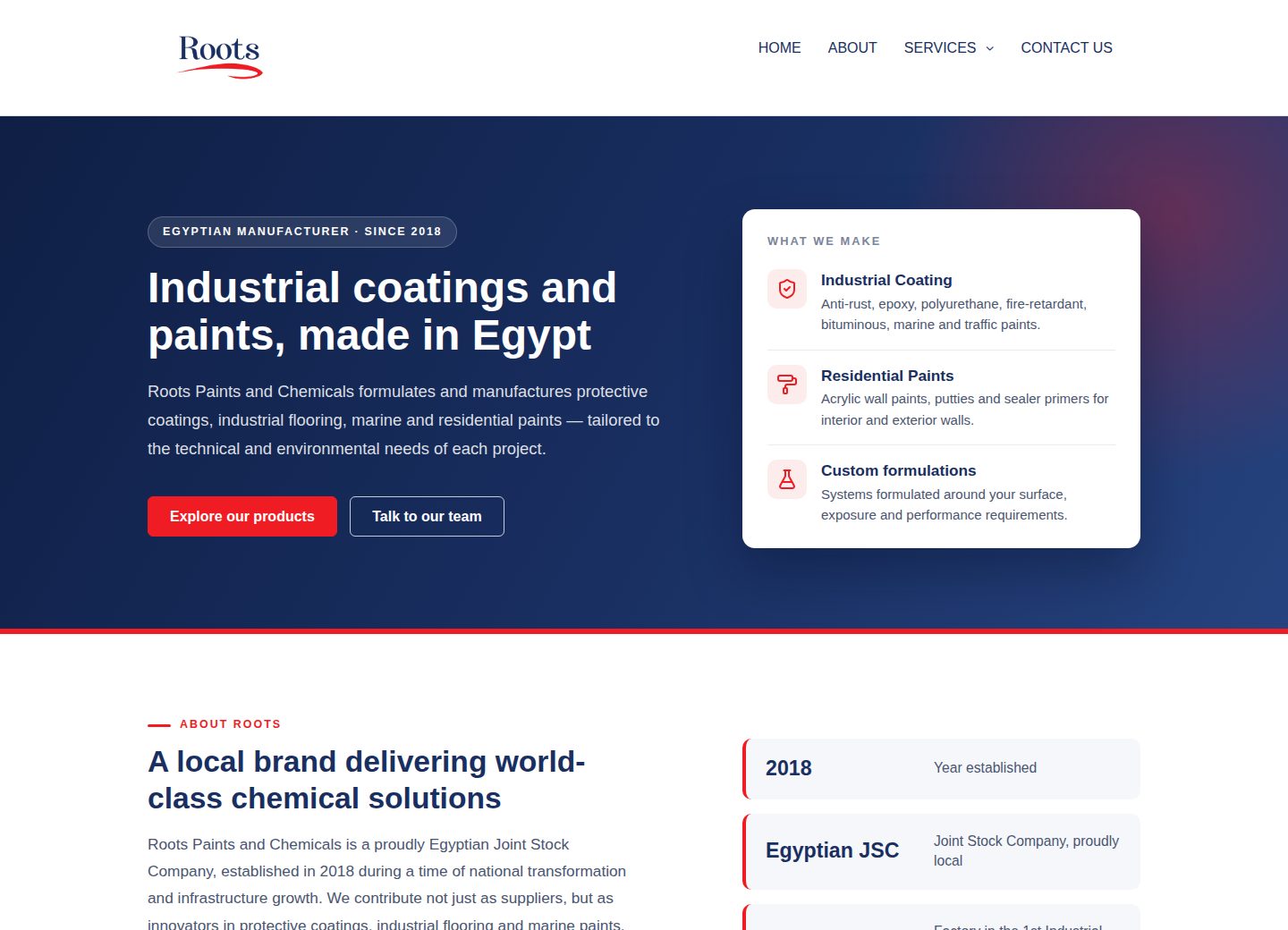 Roots Chemicals live website on a desktop