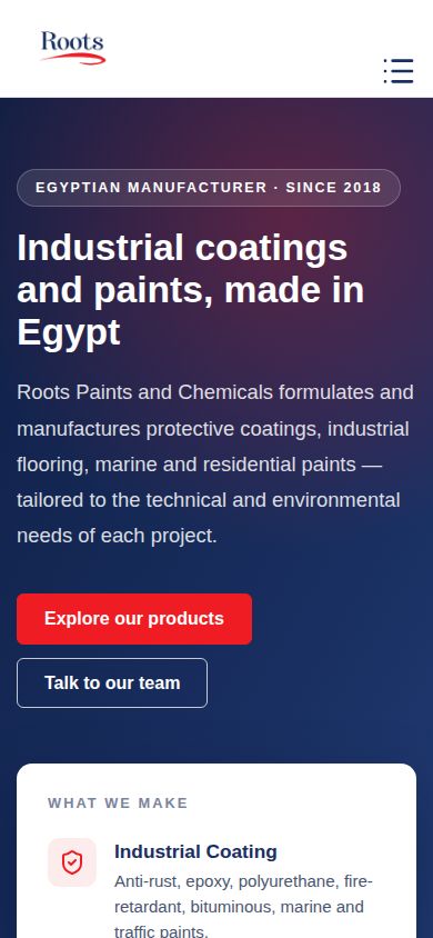 Roots Chemicals website displayed on a narrow mobile screen
