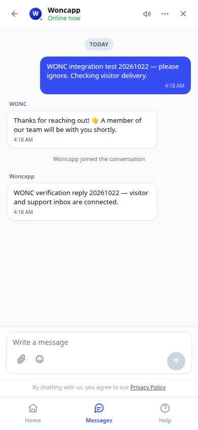 Actual WONC website support chat, with a visitor message and team reply